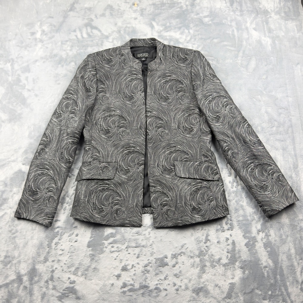 Kasper Womens Metallic Silver Black Swirl Brocade Open Front Blazer Jacket Sz 6